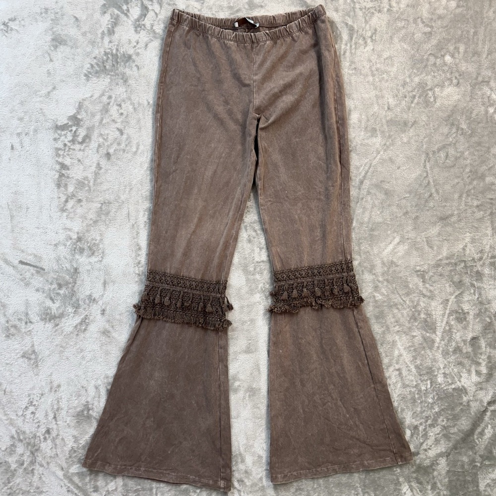 Chatoyant Women's Crochet Tassel Fringe Flared Leg Yoga Pants Made in USA Lg